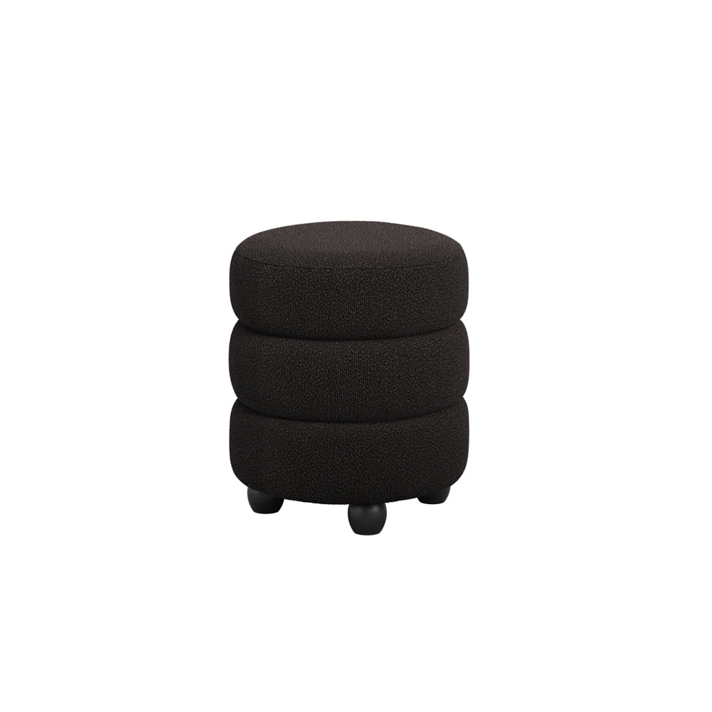 Black upholstered footstool with black wooden feet