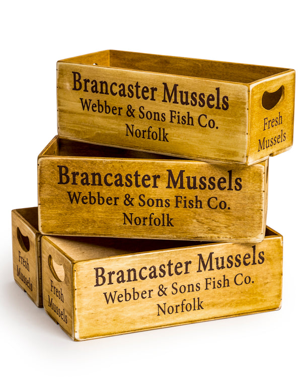 Set of 4 Antiqued 'Brancaster Mussels' Wooden Boxes