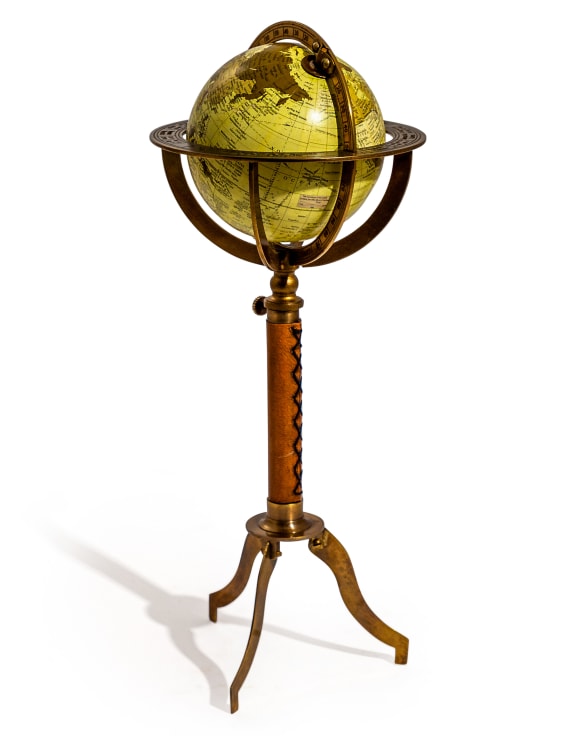 Large Antique Globe on Metal & Leather Stand