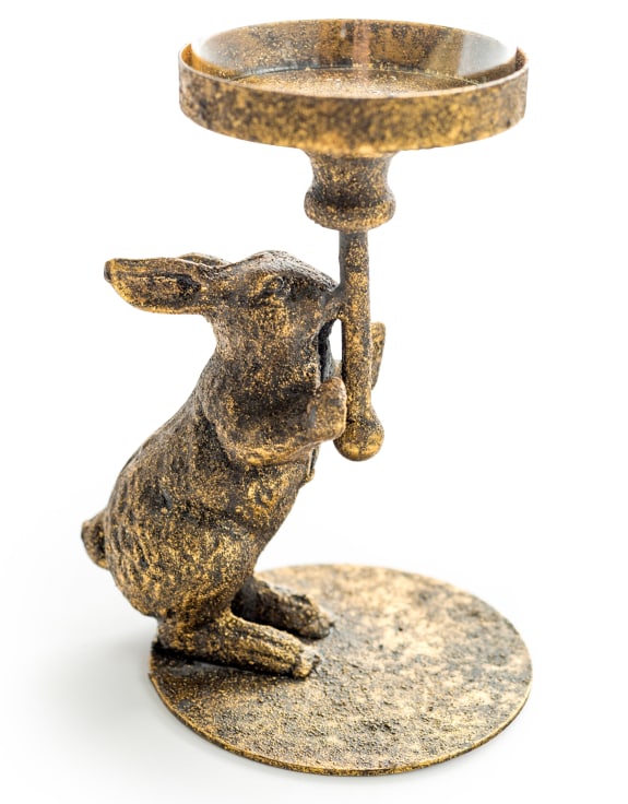 Antiqued Rabbit Candle Holder with Glass Cover