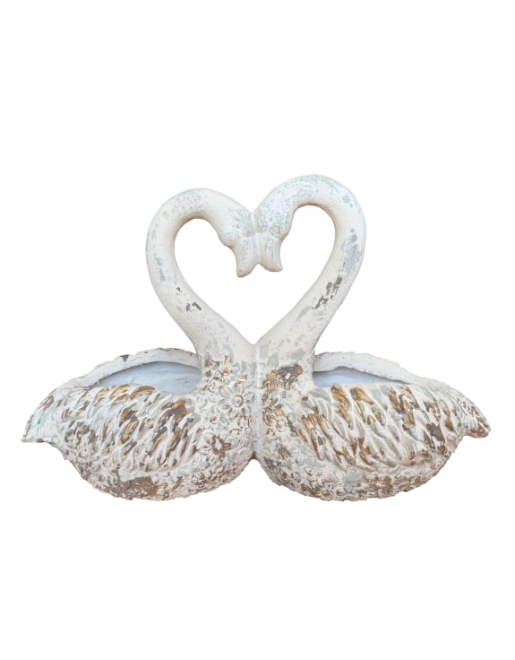 Large Antiqued "Love Heart" Pair of Swan Planters