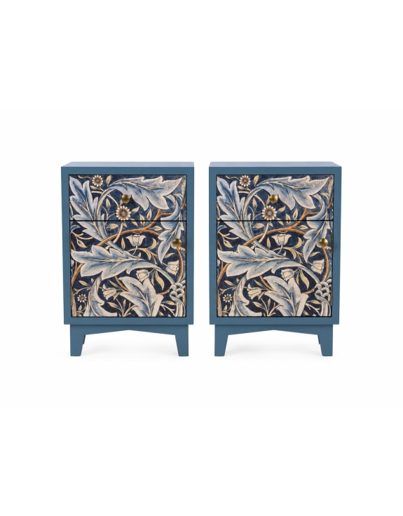 A pair of matching blue side tables with ornate floral and leafy patterns on the front panels.
