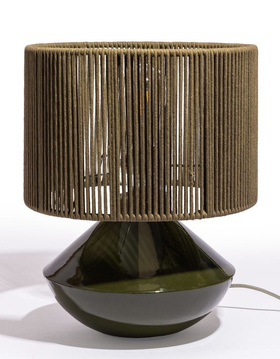 Green table lamp with ribbed corded shade