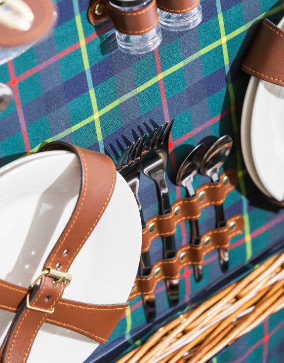 Luxury picnic set with cutlery holder, plates, and salt and pepper shakers with a tartan lining