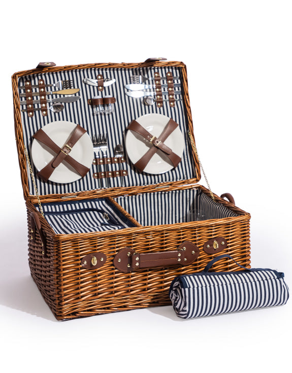 wicker picnic hamper with picnic accessories