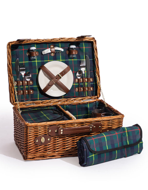 picnic basket with plaid tartan interior and accessories 