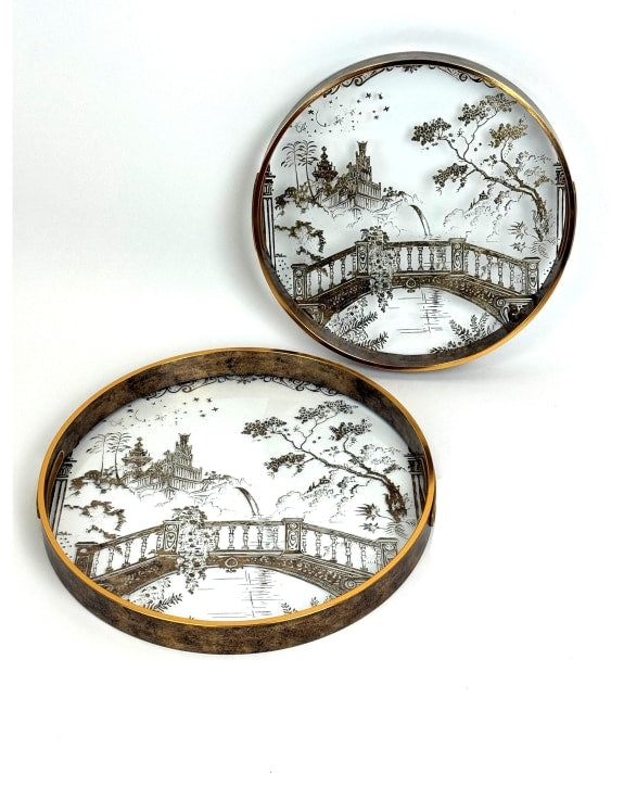 Set of 2 Dark Gold Oriental Garden Serving Trays