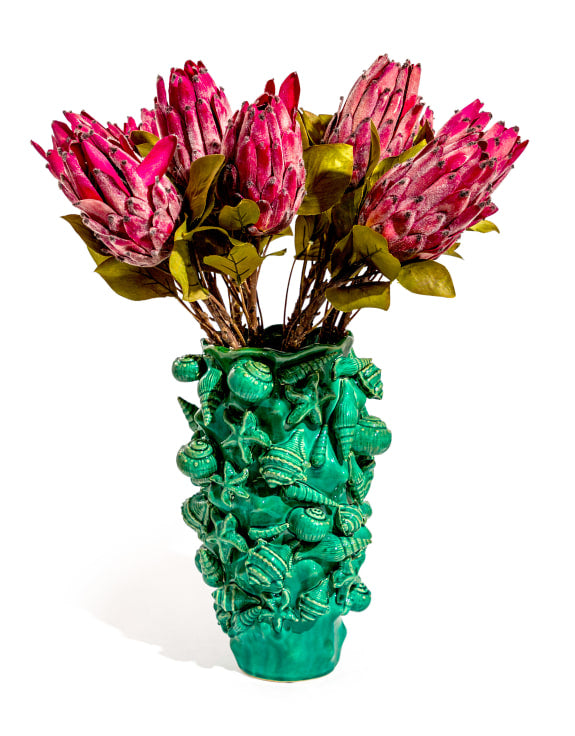 Large Sea Shell Crackle Aqua Turquoise Ceramic Vase