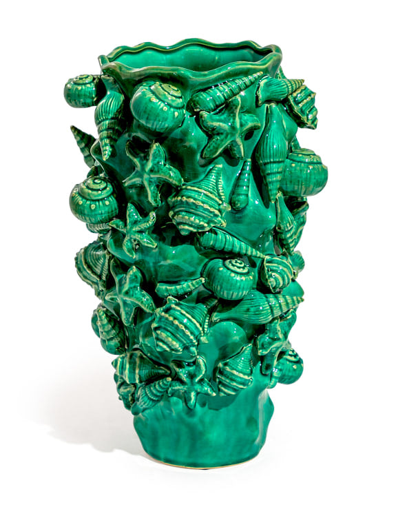 Large Sea Shell Crackle Aqua Turquoise Ceramic Vase