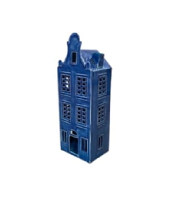 Blue ceramic house-shaped tealight holder 