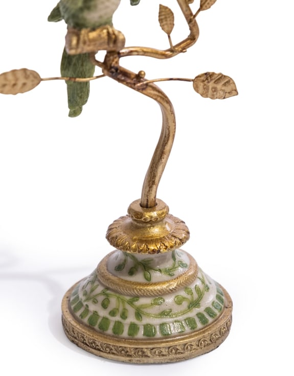 Antiqued Ornate Branch Green/Gold Parrot Pair Candle Holder
