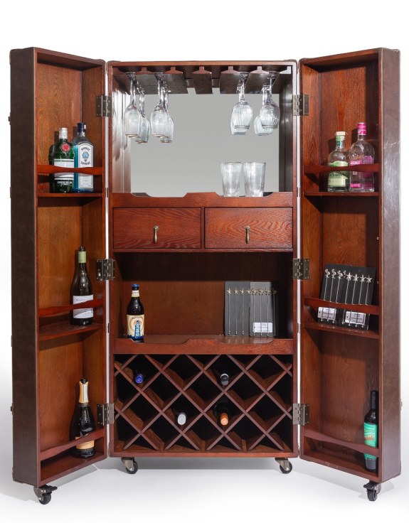 Leather bar cabinet with open doors.