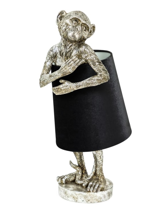 Antique Silver Bashful Monkey Table lamp with Black Velvet Shade
