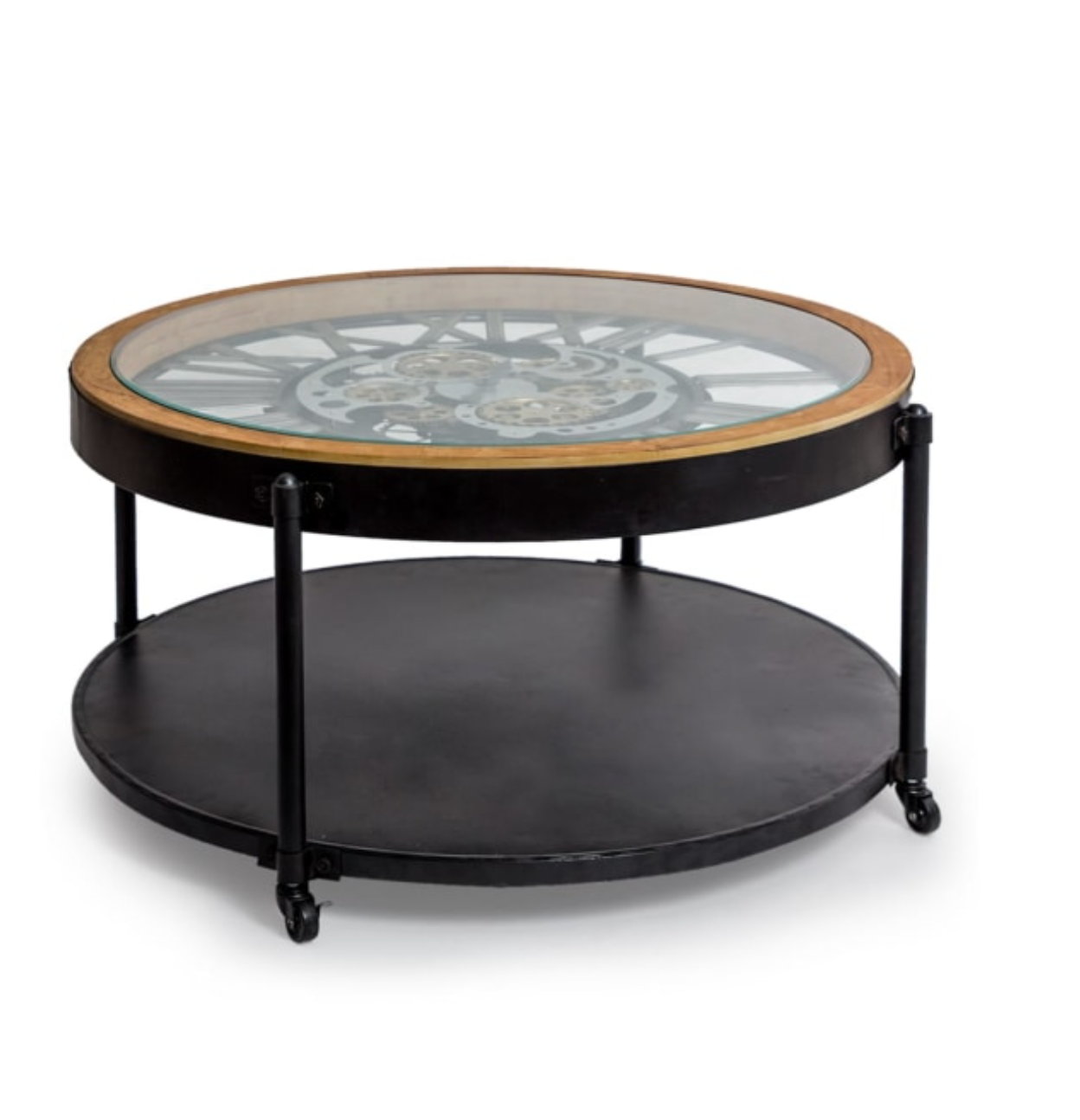 Industrial Wood and Iron Moving Gears Clock Coffee Table
