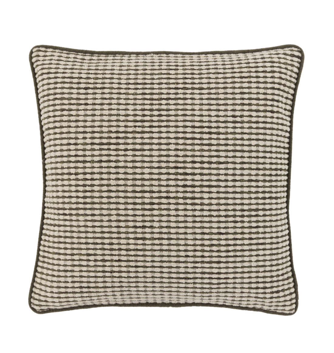 A square throw pillow featuring a textured, woven horizontal stripe pattern in dark green and cream, finished with a solid dark green piped edge.