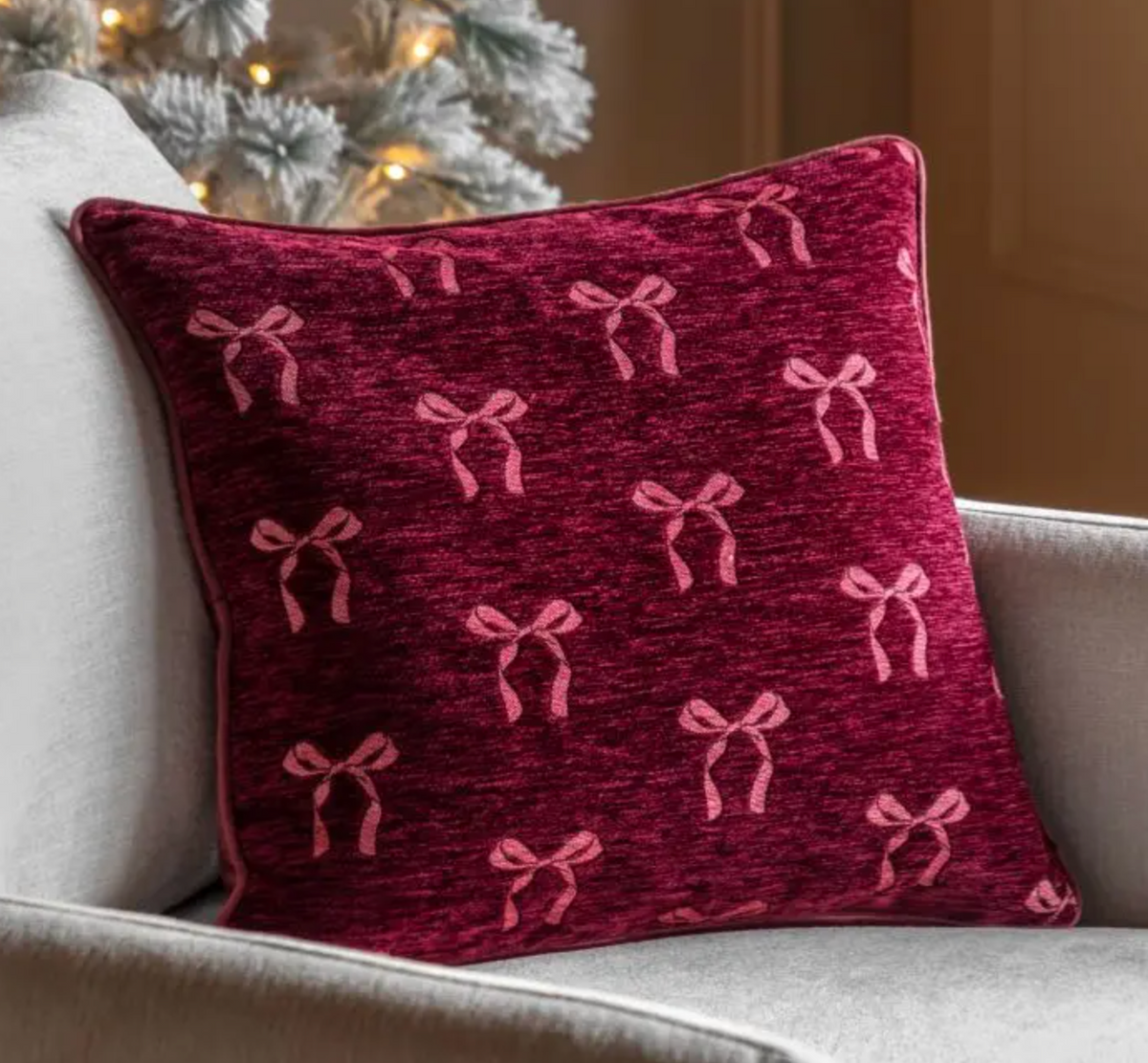 Heritage Bow Chenille Cushion in Merlot