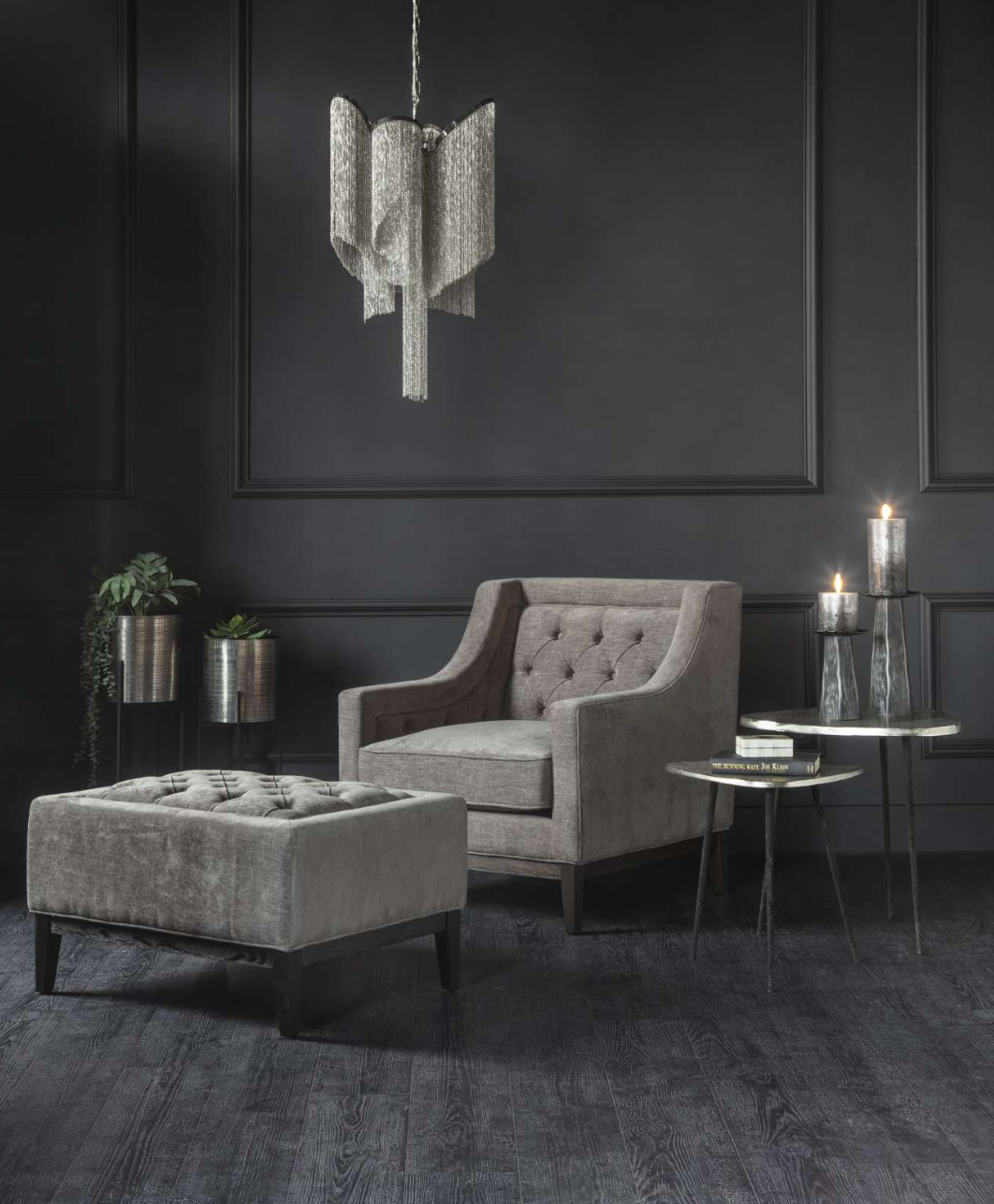 Tallow Buttoned Armchair in Warm Grey Fabric