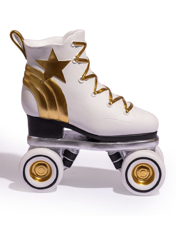 White and gold roller skate vase with star design 