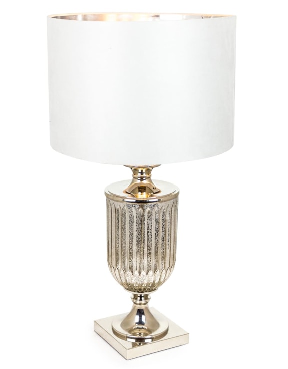 Antique Glass Urn Lamp with Silver Velvet Cylinder Shade