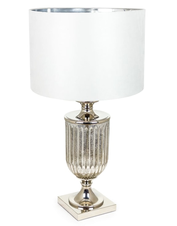 Antique Glass Urn Lamp with Silver Velvet Cylinder Shade