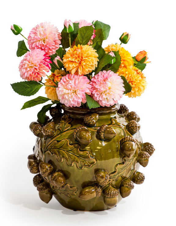 Crackle Oak Green Multi Acorn Ceramic Vase