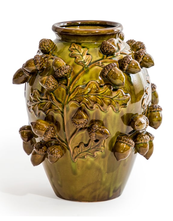 Crackle Tall Oak Green Multi Acorn Ceramic Vase