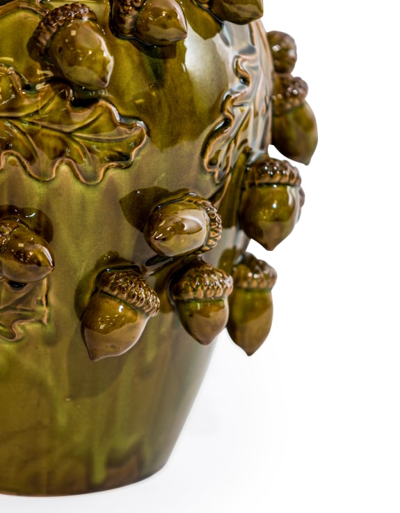 Crackle Tall Oak Green Multi Acorn Ceramic Vase
