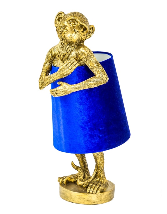Antique Gold Bashful Monkey Table lamp with Blue Velvet Shade