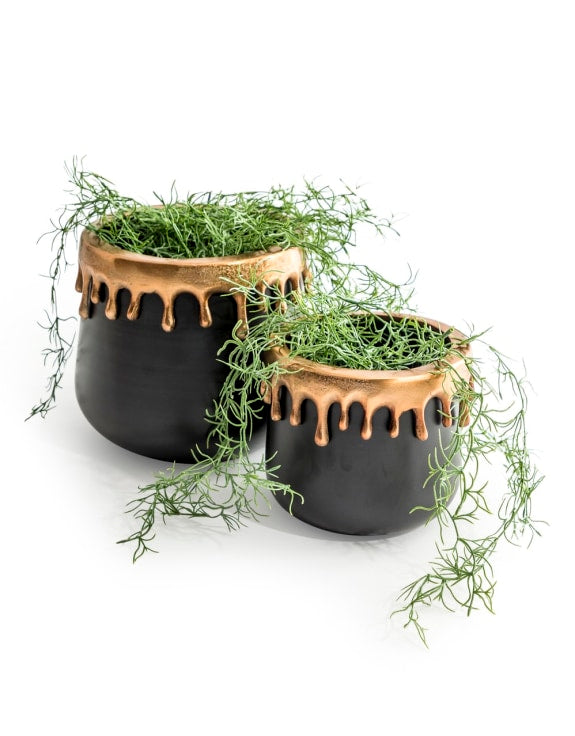 Set of 2 Matt Black with Gold 'Dali' Drip Pots