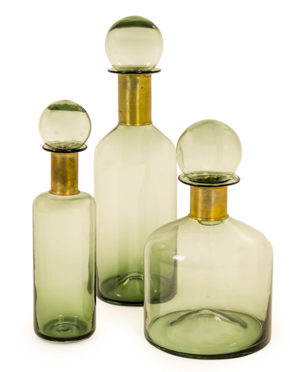 Tall Green Glass Apothecary Bottle with Brass Neck