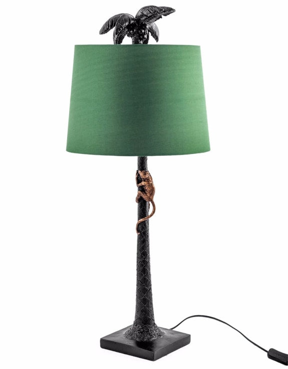 Palm Tree & Climbing Monkey Table Lamp with Green Shade