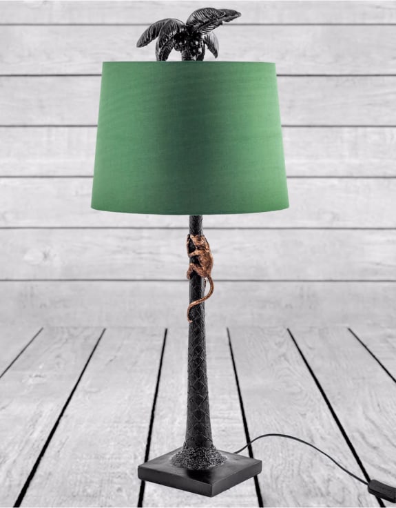 Palm Tree & Climbing Monkey Table Lamp with Green Shade