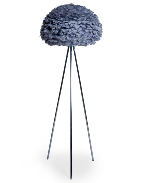 Grey Feather Tripod Floor Lamp in Chrome