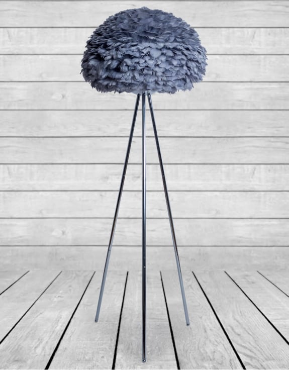 Grey Feather Tripod Floor Lamp in Chrome