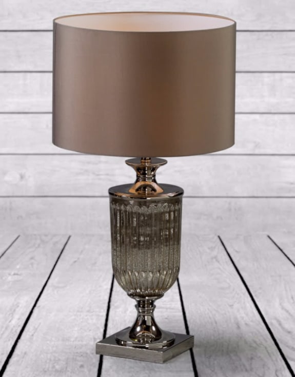 Antique Glass Urn Lamp with Taupe Velvet Cylinder Shade